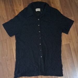 Black Lace Short-Sleeve Button-Down Shirt